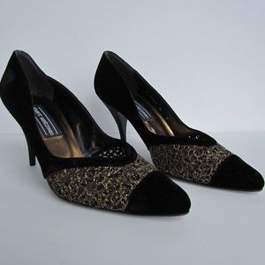Vintage STUART WEITZMAN Black Gold Velvet Heels